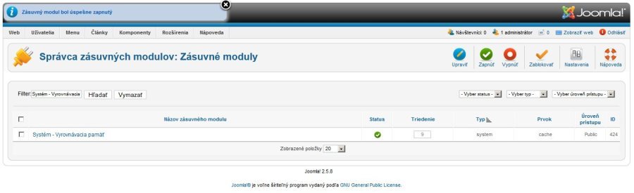 Aktivácia pluginu Systém – Vyrovnávacia pamäť